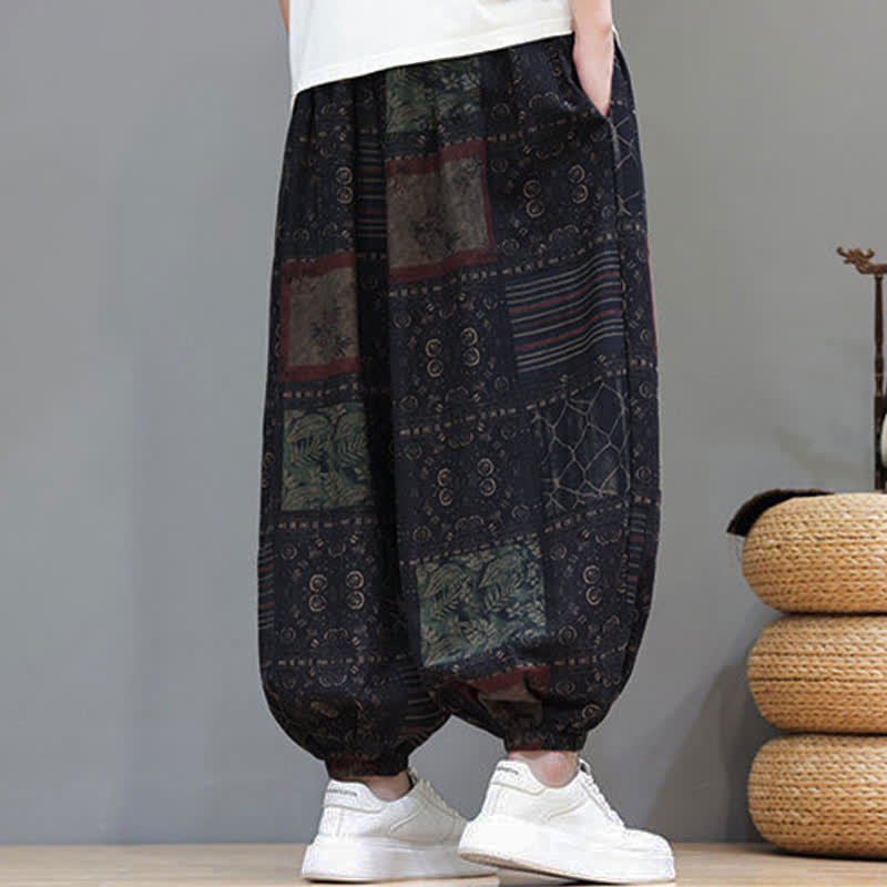 Nimara Ritual Summer Boho Casual Drawstring Geometric Cropped Pants Men's Harem Pants With Pocket