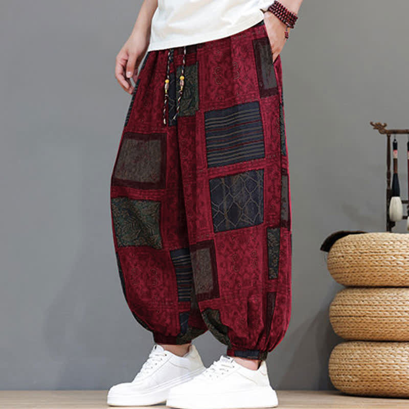 Nimara Ritual Summer Boho Casual Drawstring Geometric Cropped Pants Men's Harem Pants With Pocket