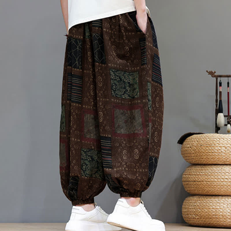 Nimara Ritual Summer Boho Casual Drawstring Geometric Cropped Pants Men's Harem Pants With Pocket