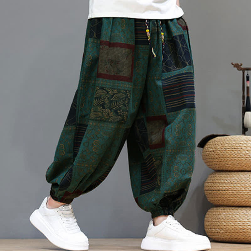 Nimara Ritual Summer Boho Casual Drawstring Geometric Cropped Pants Men's Harem Pants With Pocket
