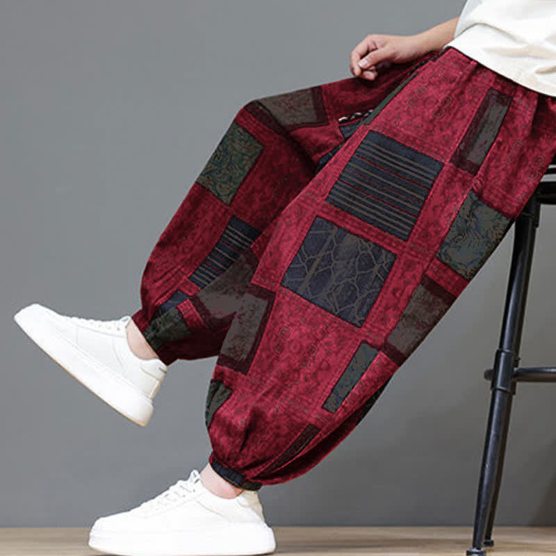 Nimara Ritual Summer Boho Casual Drawstring Geometric Cropped Pants Men's Harem Pants With Pocket