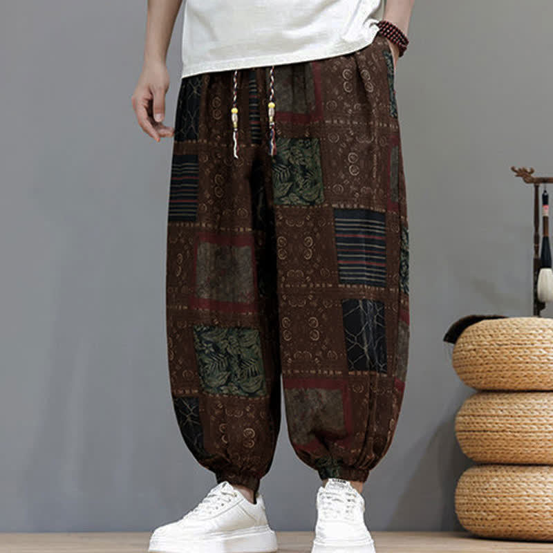 Nimara Ritual Summer Boho Casual Drawstring Geometric Cropped Pants Men's Harem Pants With Pocket