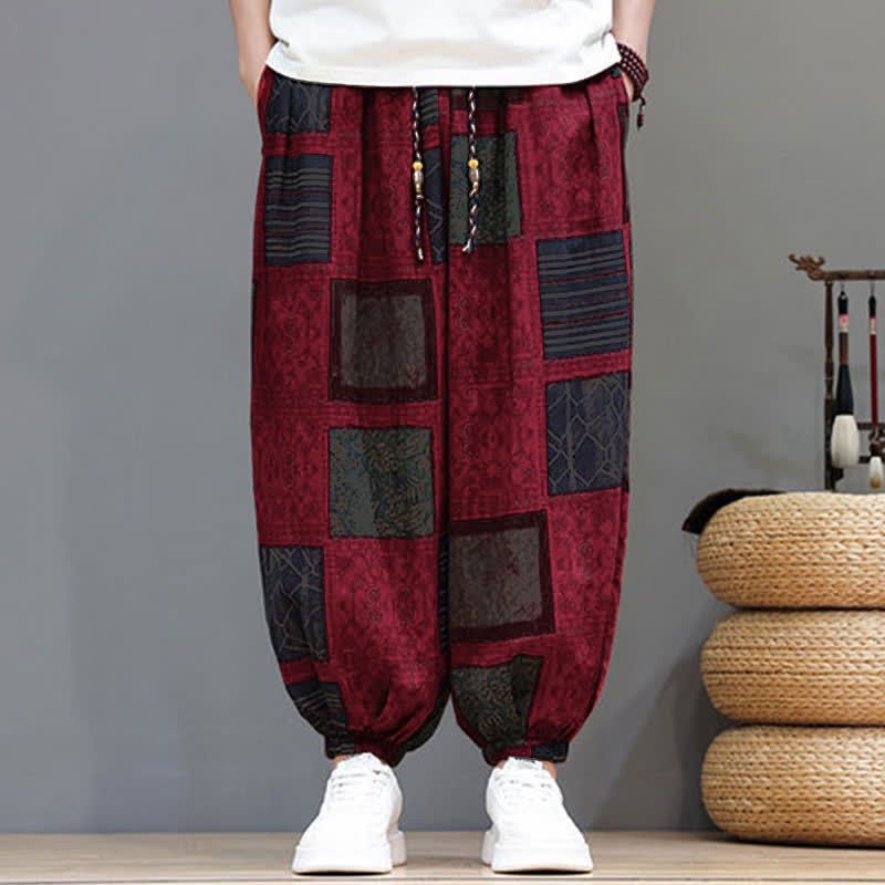 Nimara Ritual Summer Boho Casual Drawstring Geometric Cropped Pants Men's Harem Pants With Pocket