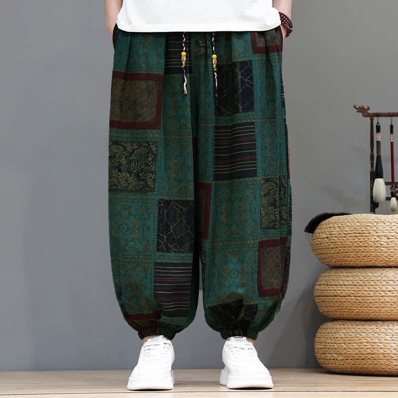 Nimara Ritual Summer Boho Casual Drawstring Geometric Cropped Pants Men's Harem Pants With Pocket