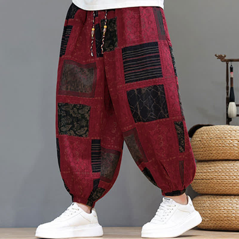 Nimara Ritual Summer Boho Casual Drawstring Geometric Cropped Pants Men's Harem Pants With Pocket