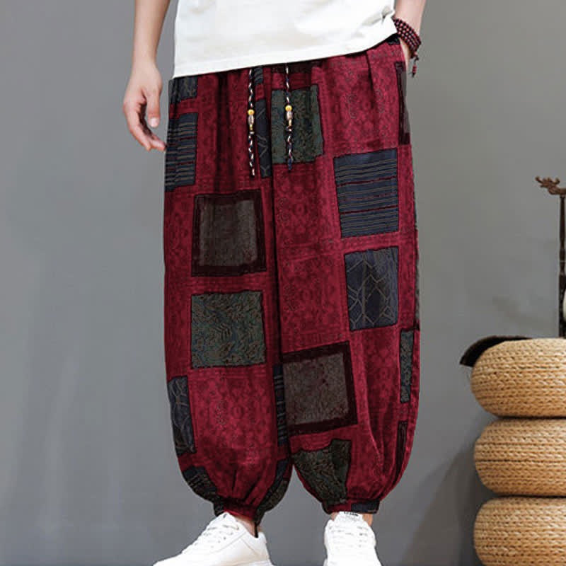 Nimara Ritual Summer Boho Casual Drawstring Geometric Cropped Pants Men's Harem Pants With Pocket