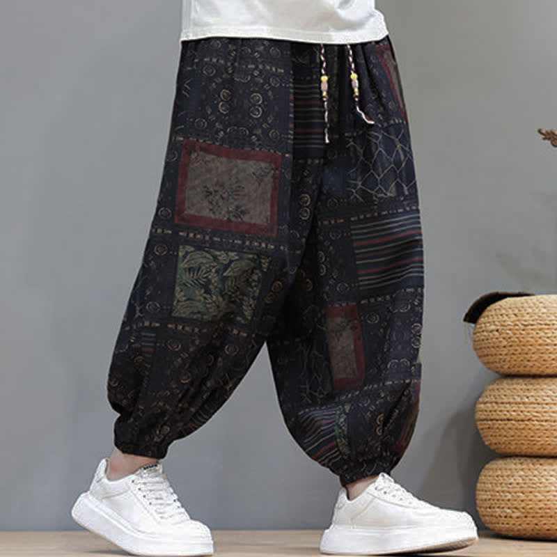 Nimara Ritual Summer Boho Casual Drawstring Geometric Cropped Pants Men's Harem Pants With Pocket