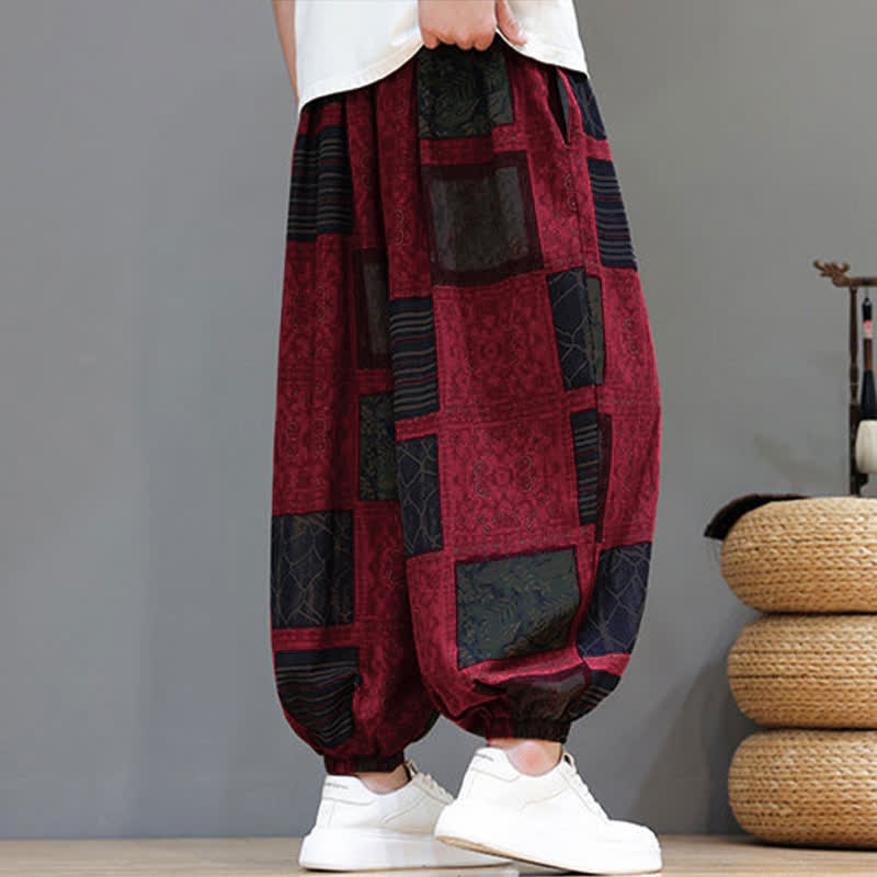 Nimara Ritual Summer Boho Casual Drawstring Geometric Cropped Pants Men's Harem Pants With Pocket