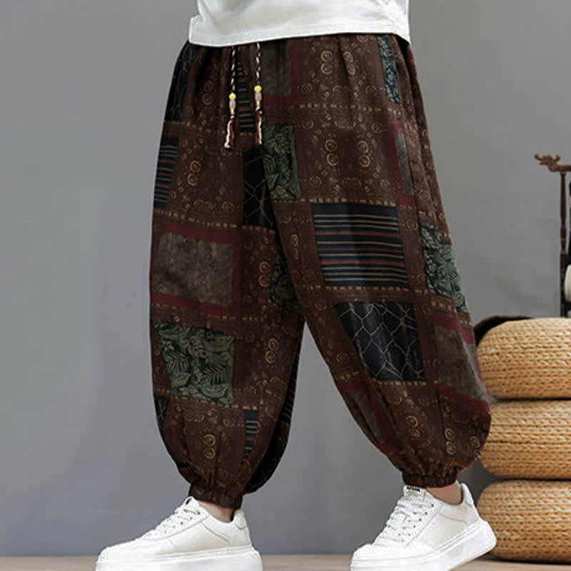 Nimara Ritual Summer Boho Casual Drawstring Geometric Cropped Pants Men's Harem Pants With Pocket