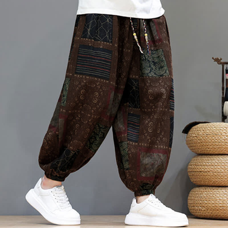 Nimara Ritual Summer Boho Casual Drawstring Geometric Cropped Pants Men's Harem Pants With Pocket