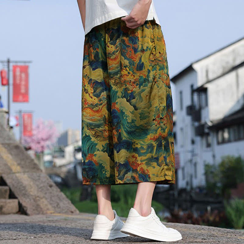 Nimara Ritual Summer Vintage Casual Drawstring Crane Print Men's Cropped Pants With Pocket