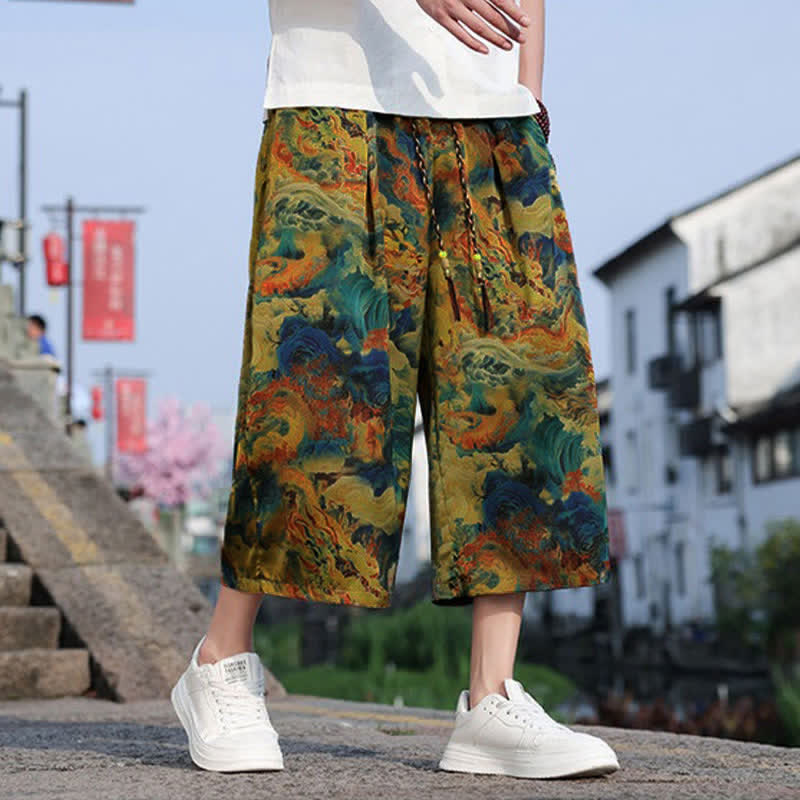 Nimara Ritual Summer Vintage Casual Drawstring Crane Print Men's Cropped Pants With Pocket