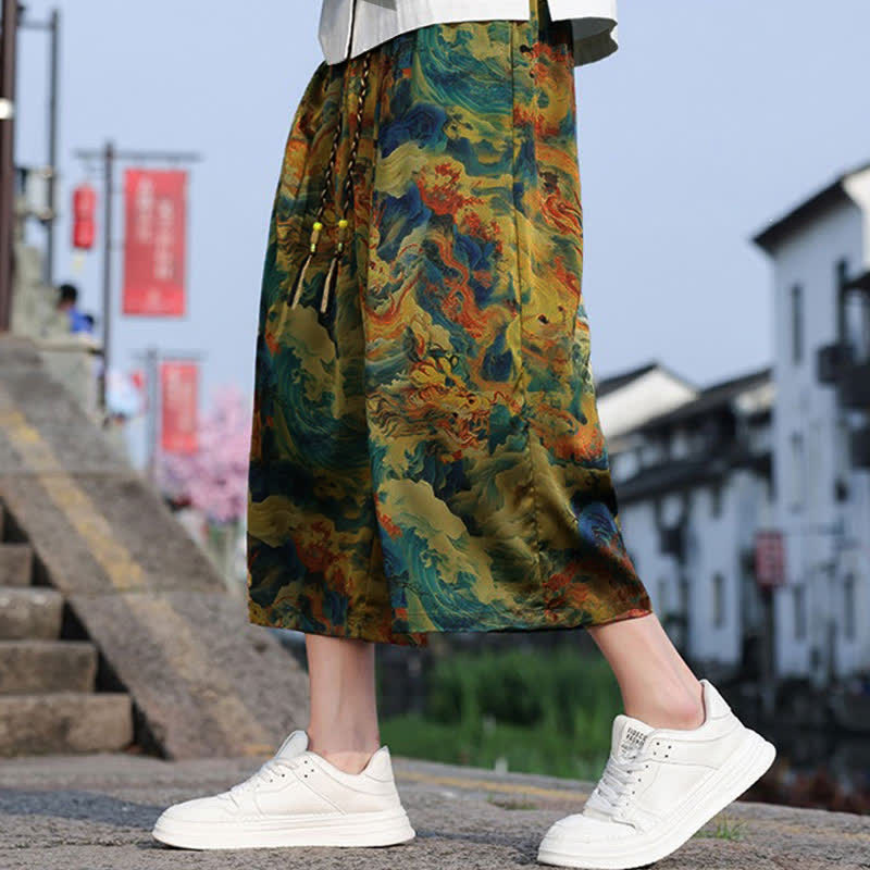 Nimara Ritual Summer Vintage Casual Drawstring Crane Print Men's Cropped Pants With Pocket