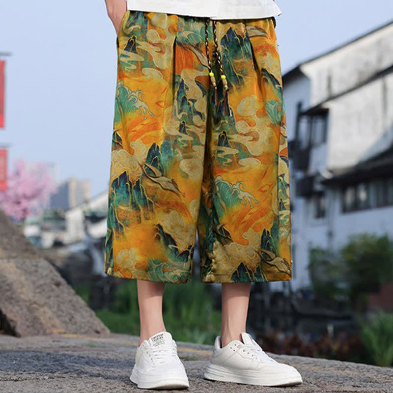 Nimara Ritual Summer Vintage Casual Drawstring Crane Print Men's Cropped Pants With Pocket