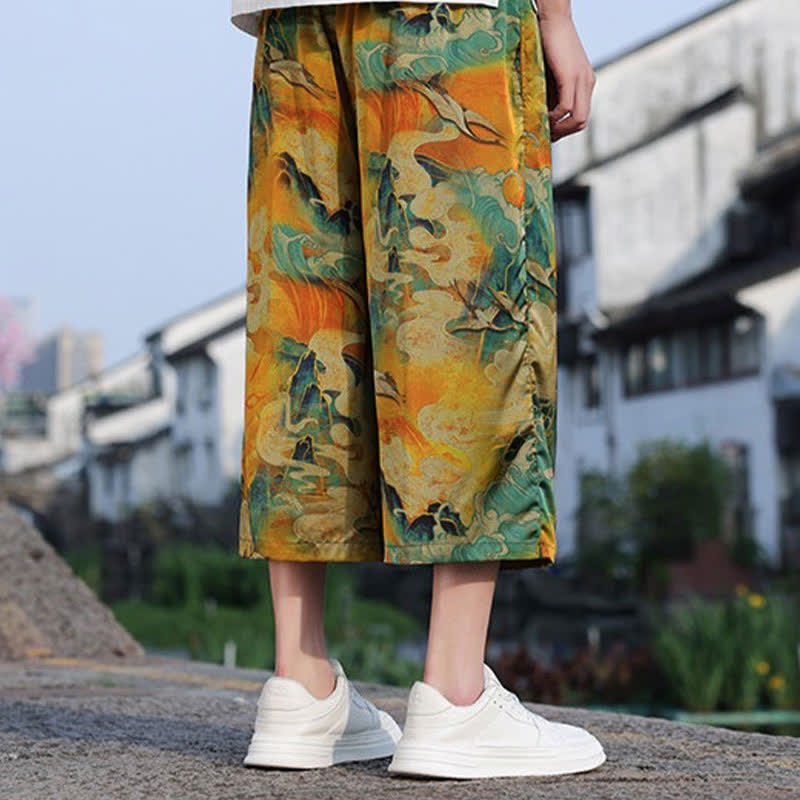 Nimara Ritual Summer Vintage Casual Drawstring Crane Print Men's Cropped Pants With Pocket