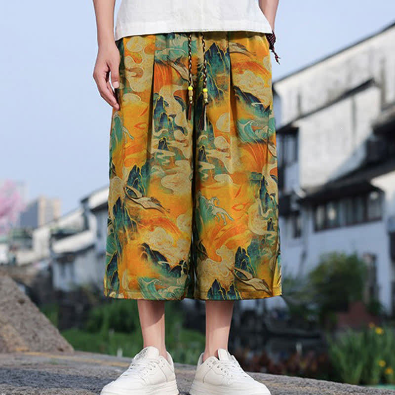 Nimara Ritual Summer Vintage Casual Drawstring Crane Print Men's Cropped Pants With Pocket