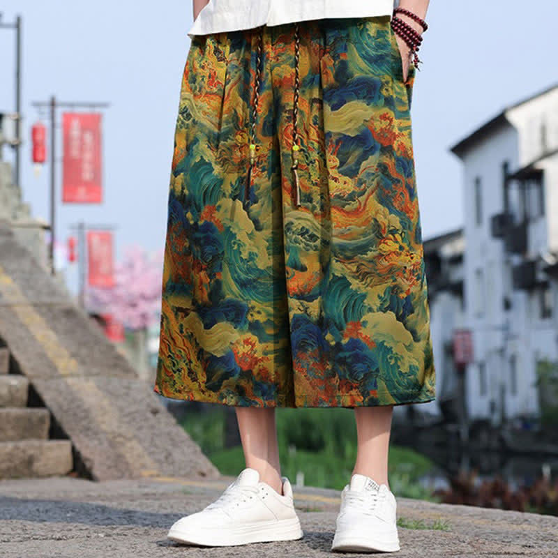 Nimara Ritual Summer Vintage Casual Drawstring Crane Print Men's Cropped Pants With Pocket