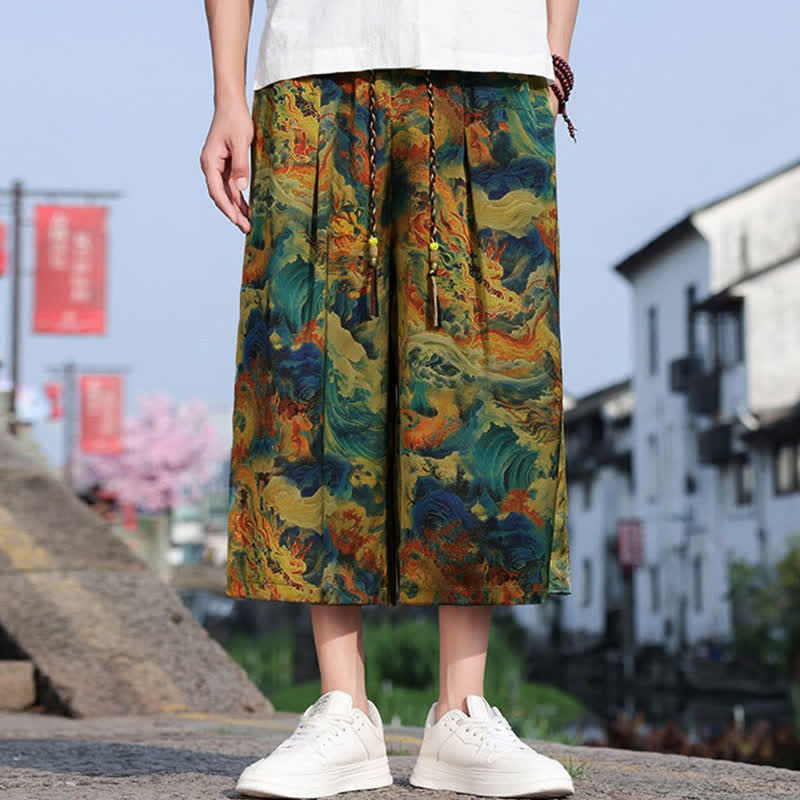 Nimara Ritual Summer Vintage Casual Drawstring Crane Print Men's Cropped Pants With Pocket