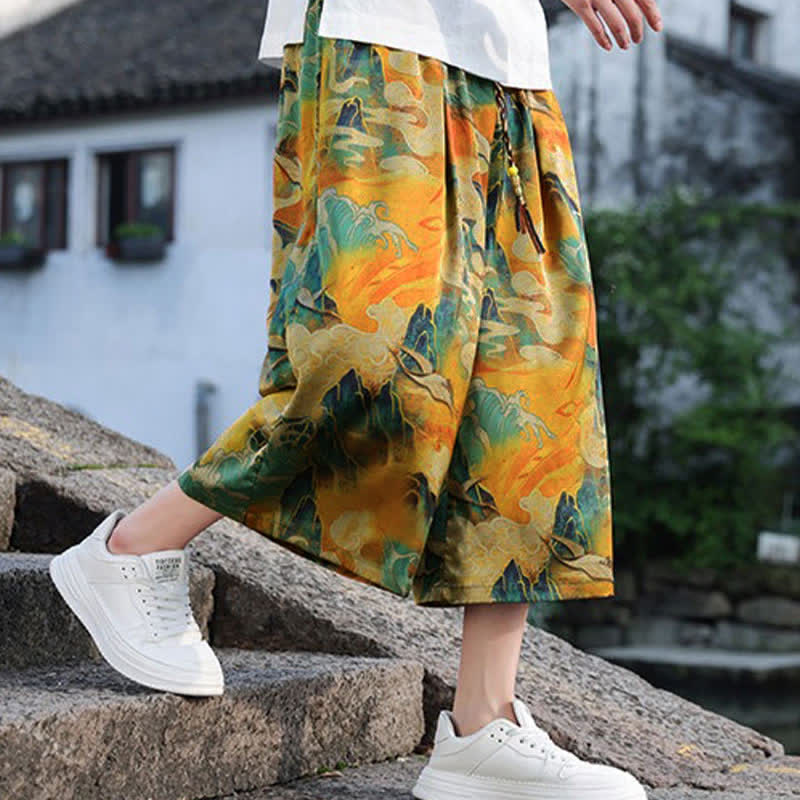 Nimara Ritual Summer Vintage Casual Drawstring Crane Print Men's Cropped Pants With Pocket