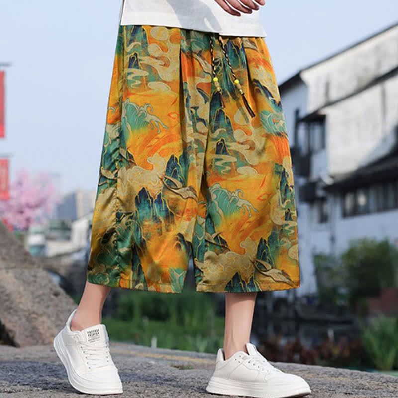 Nimara Ritual Summer Vintage Casual Drawstring Crane Print Men's Cropped Pants With Pocket
