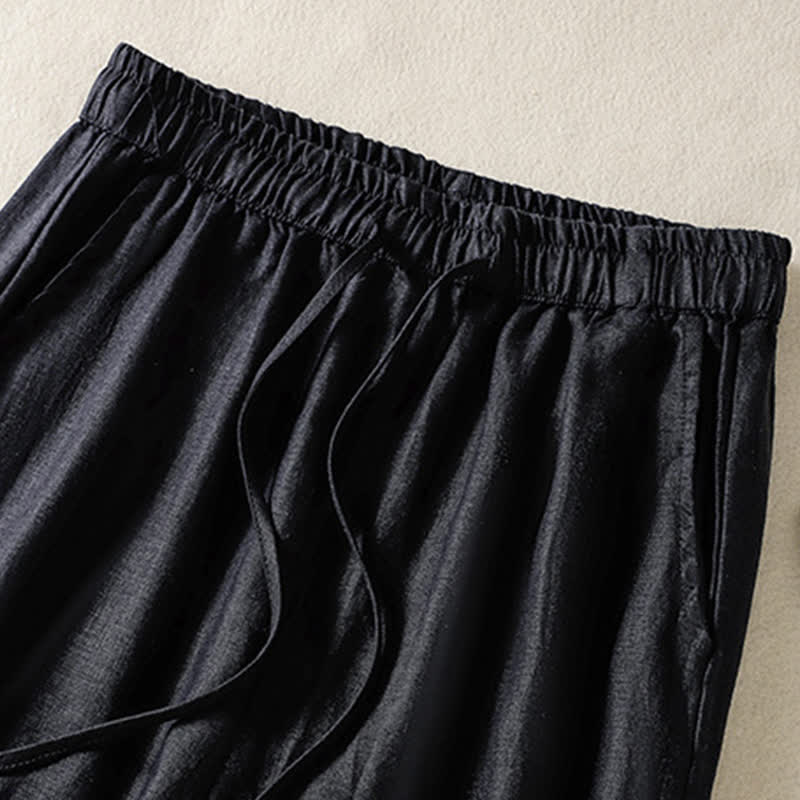 Nimara Ritual Summer Casual Boho Drawstring Solid Cropped Pants Ramie Women's Harem Pants With Pockets