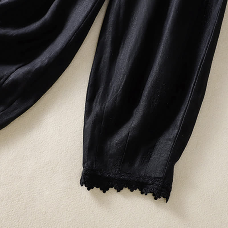 Nimara Ritual Summer Casual Boho Drawstring Solid Cropped Pants Ramie Women's Harem Pants With Pockets