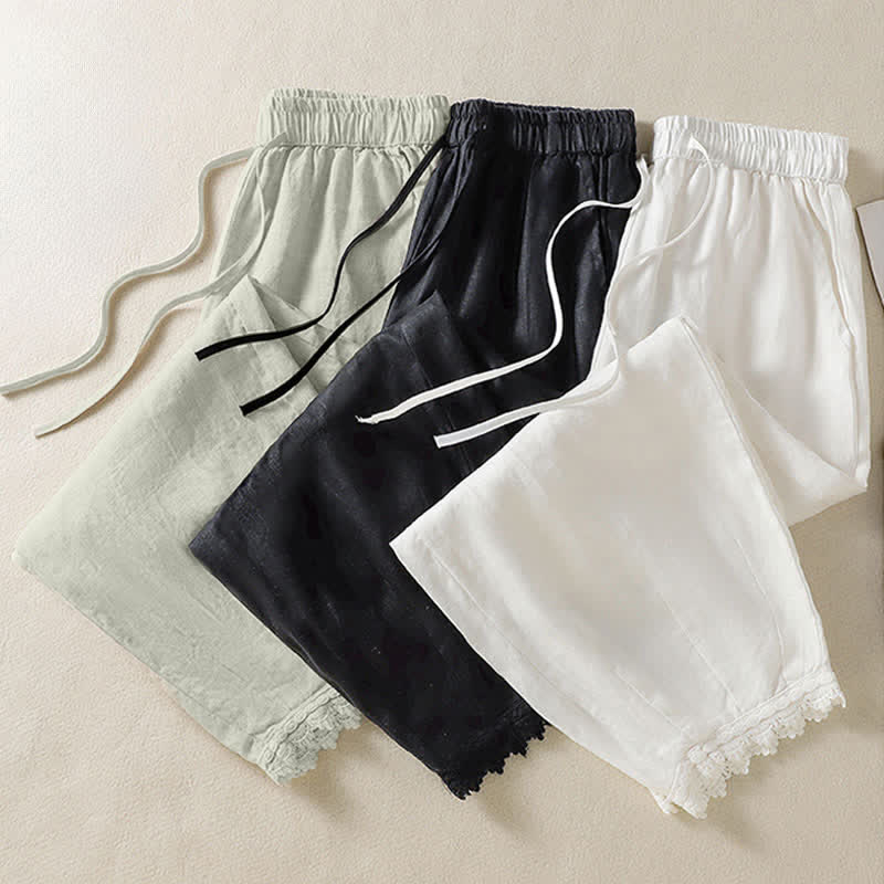 Nimara Ritual Summer Casual Boho Drawstring Solid Cropped Pants Ramie Women's Harem Pants With Pockets