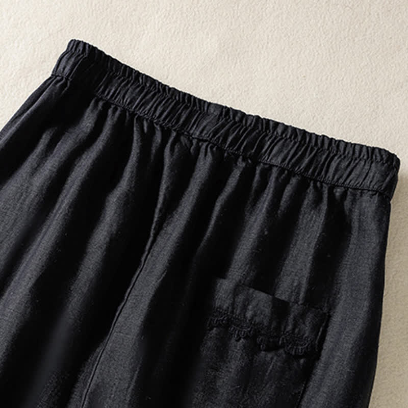 Nimara Ritual Summer Casual Boho Drawstring Solid Cropped Pants Ramie Women's Harem Pants With Pockets