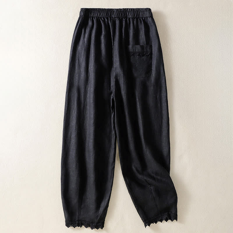 Nimara Ritual Summer Casual Boho Drawstring Solid Cropped Pants Ramie Women's Harem Pants With Pockets