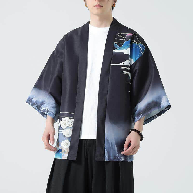 Nimara Ritual Summer Casual Vintage Crane Print Men's Kimonos