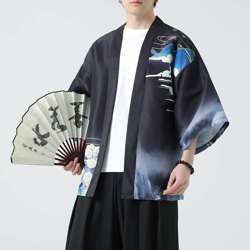Nimara Ritual Summer Casual Vintage Crane Print Men's Kimonos