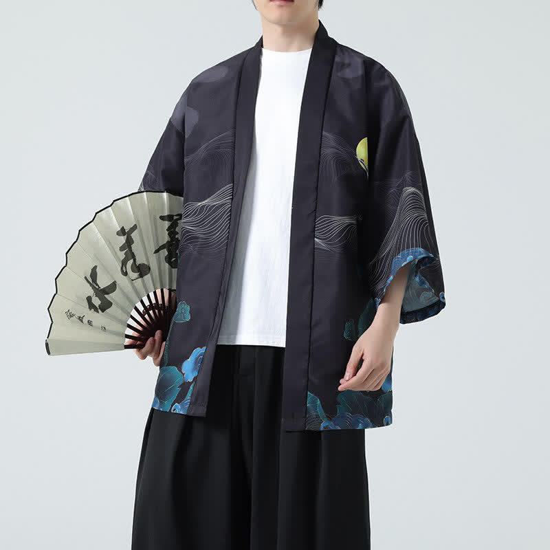 Nimara Ritual Summer Casual Vintage Crane Print Men's Kimonos
