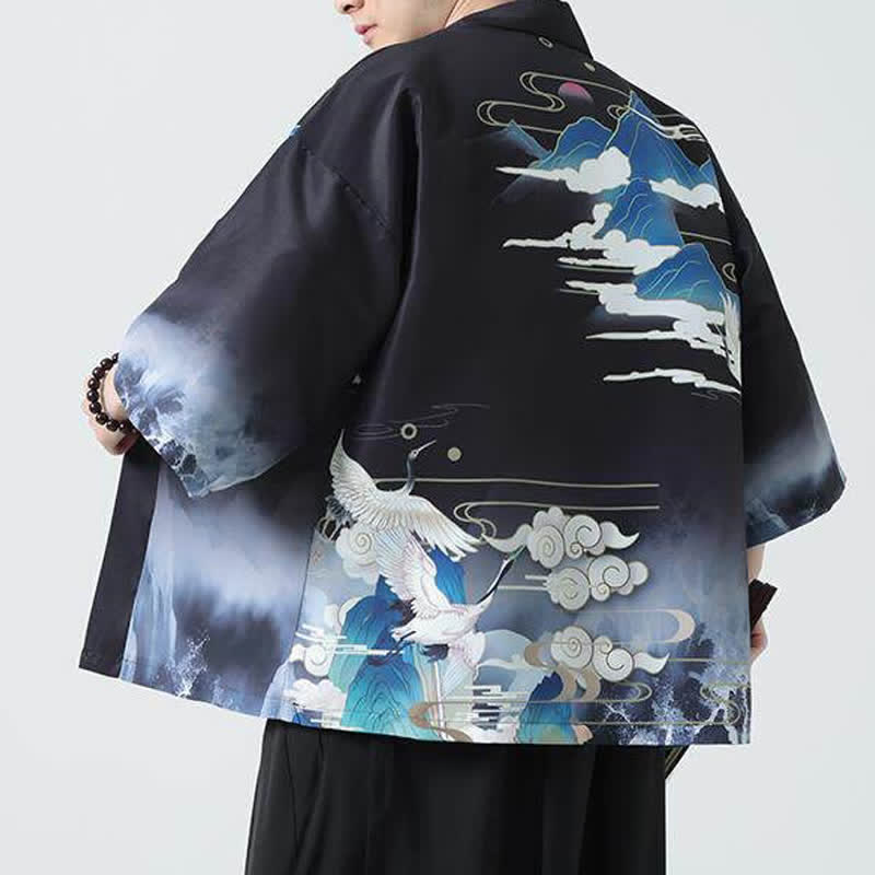 Nimara Ritual Summer Casual Vintage Crane Print Men's Kimonos