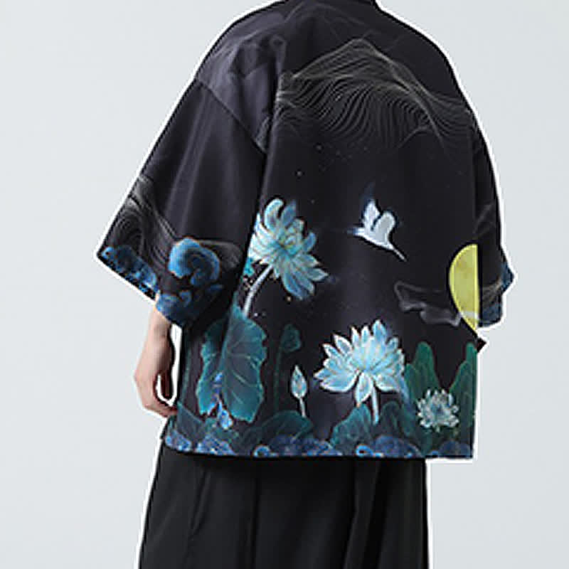 Nimara Ritual Summer Casual Vintage Crane Print Men's Kimonos