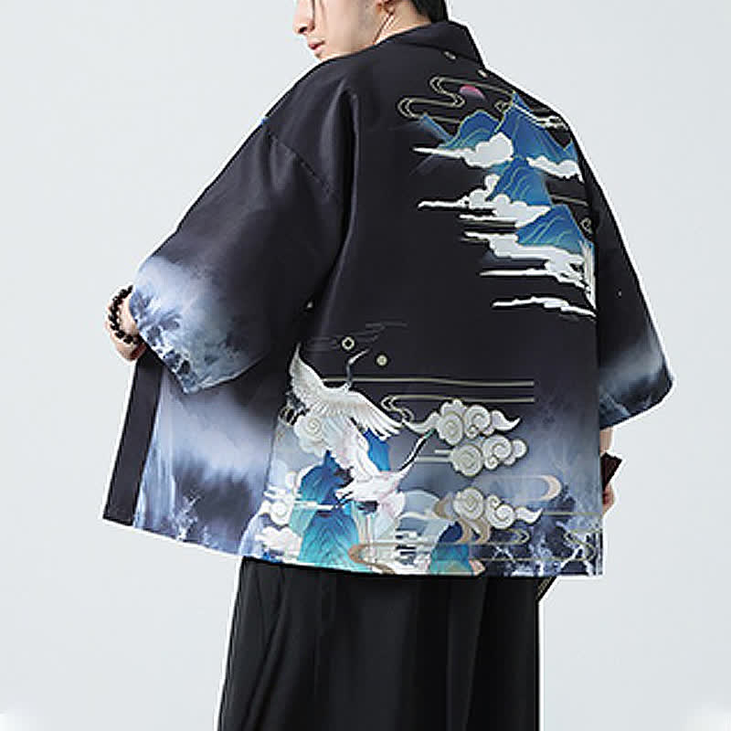 Nimara Ritual Summer Casual Vintage Crane Print Men's Kimonos