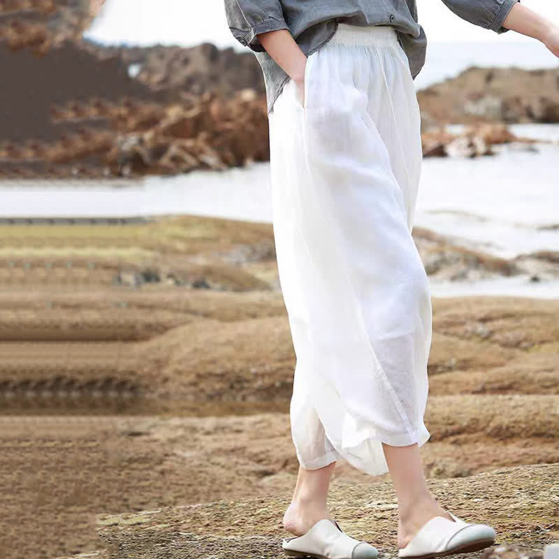 Nimara Ritual Summer Casual Boho Drawstring Solid Capri Pants Women's Wide Leg Pants With Pockets