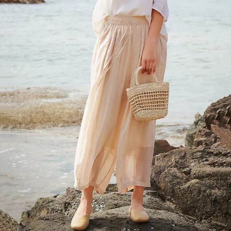 Nimara Ritual Summer Casual Boho Drawstring Solid Capri Pants Women's Wide Leg Pants With Pockets