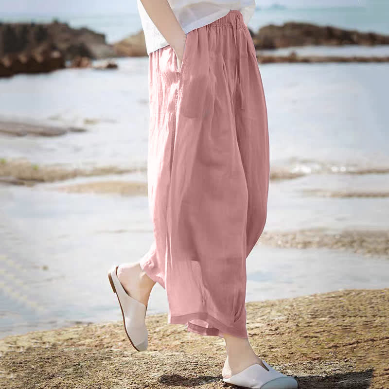 Nimara Ritual Summer Casual Boho Drawstring Solid Capri Pants Women's Wide Leg Pants With Pockets