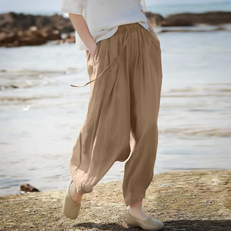 Nimara Ritual Summer Casual Boho Drawstring Solid Capri Pants Women's Wide Leg Pants With Pockets