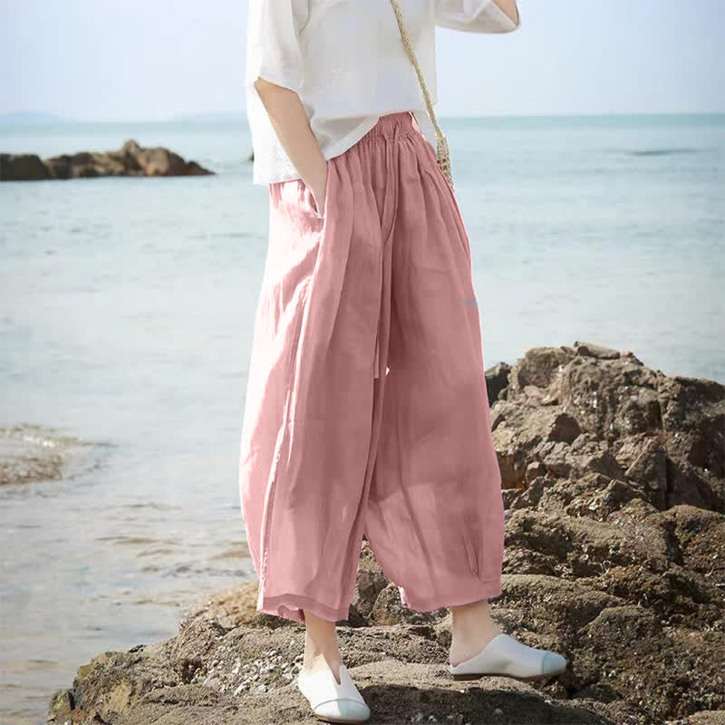 Nimara Ritual Summer Casual Boho Drawstring Solid Capri Pants Women's Wide Leg Pants With Pockets