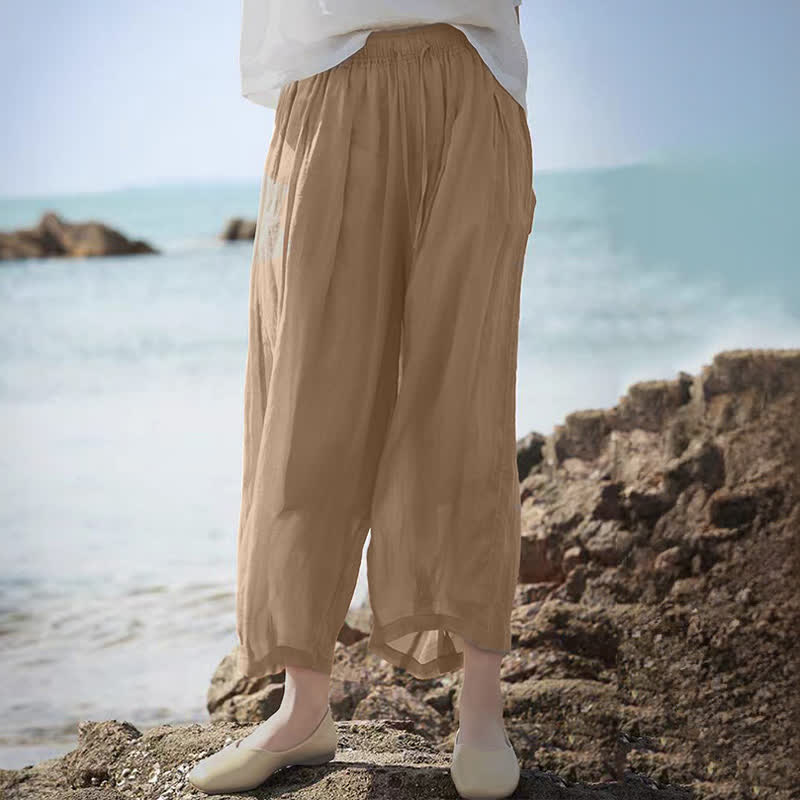 Nimara Ritual Summer Casual Boho Drawstring Solid Capri Pants Women's Wide Leg Pants With Pockets