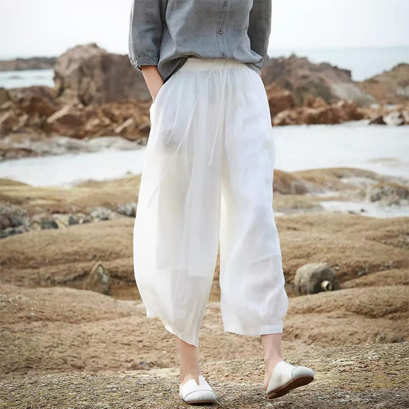 Nimara Ritual Summer Casual Boho Drawstring Solid Capri Pants Women's Wide Leg Pants With Pockets