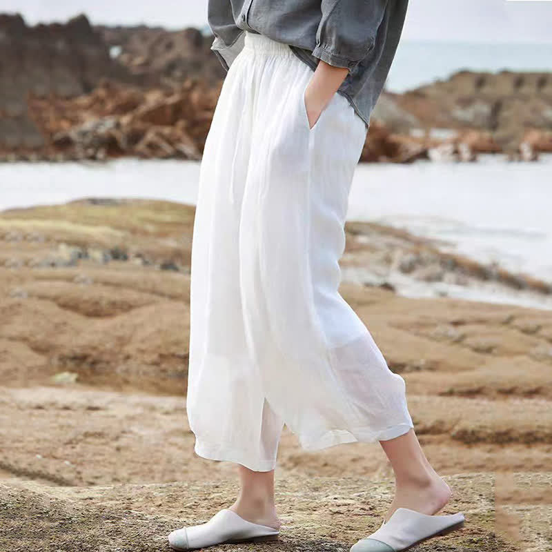 Nimara Ritual Summer Casual Boho Drawstring Solid Capri Pants Women's Wide Leg Pants With Pockets