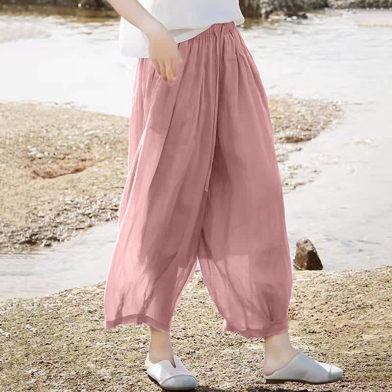 Nimara Ritual Summer Casual Boho Drawstring Solid Capri Pants Women's Wide Leg Pants With Pockets