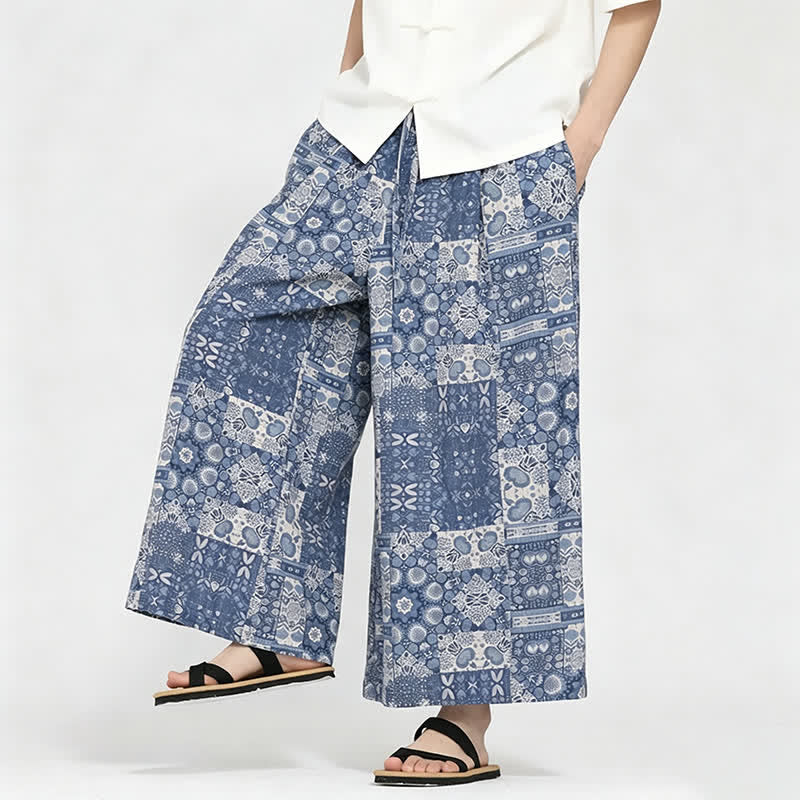 Nimara Ritual Summer Boho Casual Drawstring Floral Capri Pants Men's Wide Leg Pants With Pocket