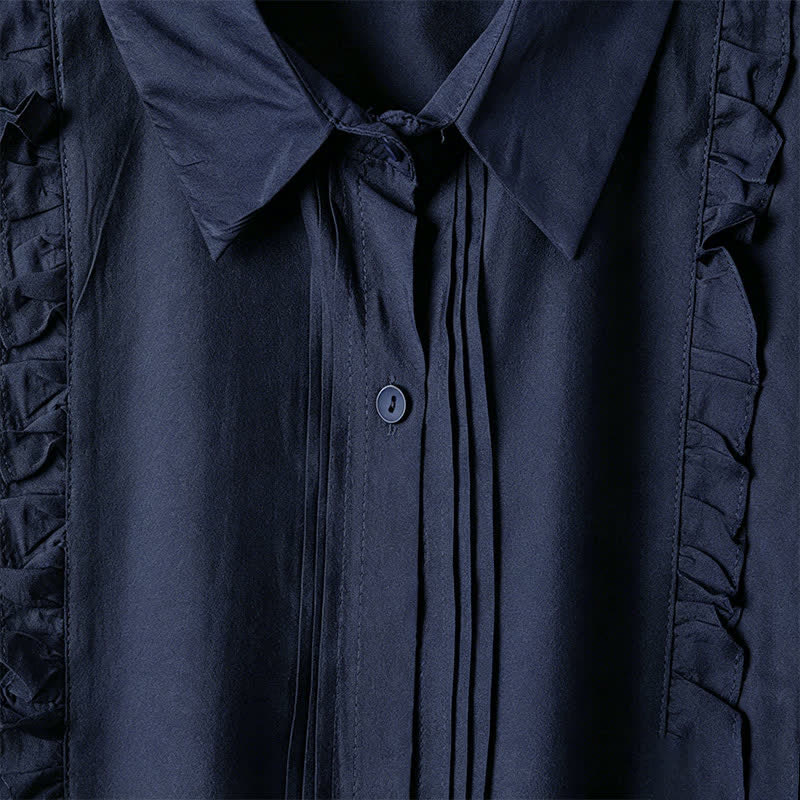 Nimara Ritual Summer Elegant Vintage Button-up Solid Front Pleated Ruffle Women's Short Sleeve Shirts