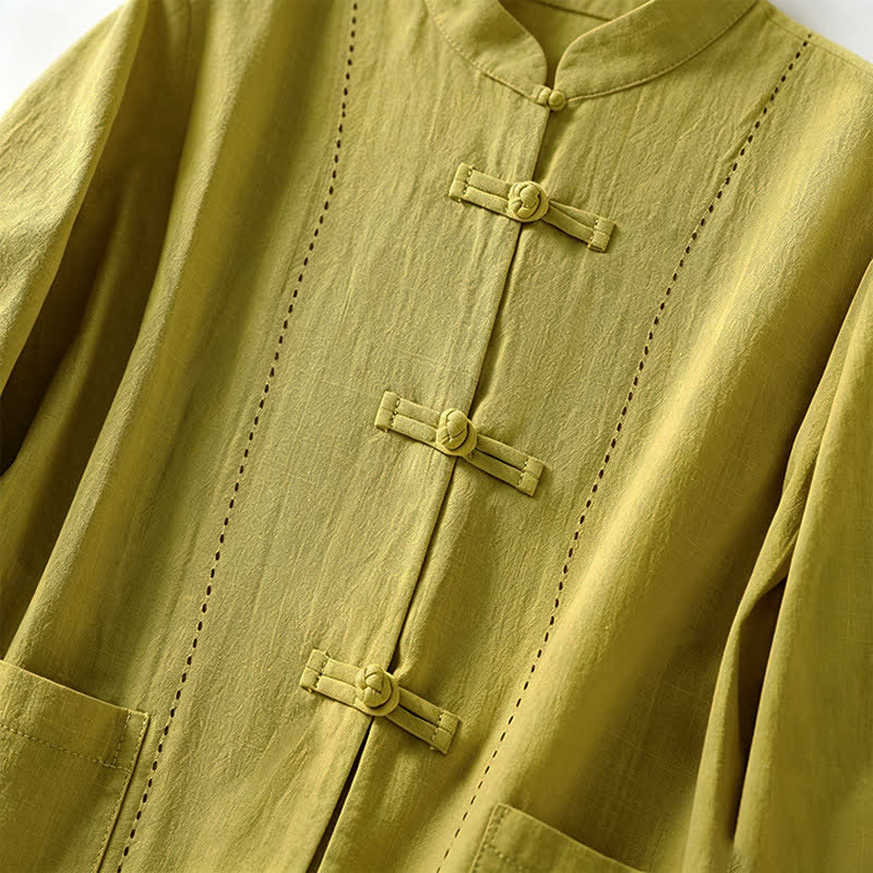 Nimara Ritual Summer Tang Style Vintage Mandarin Collar Frog Button Solid Women's Short Sleeve Shirts With Pockets