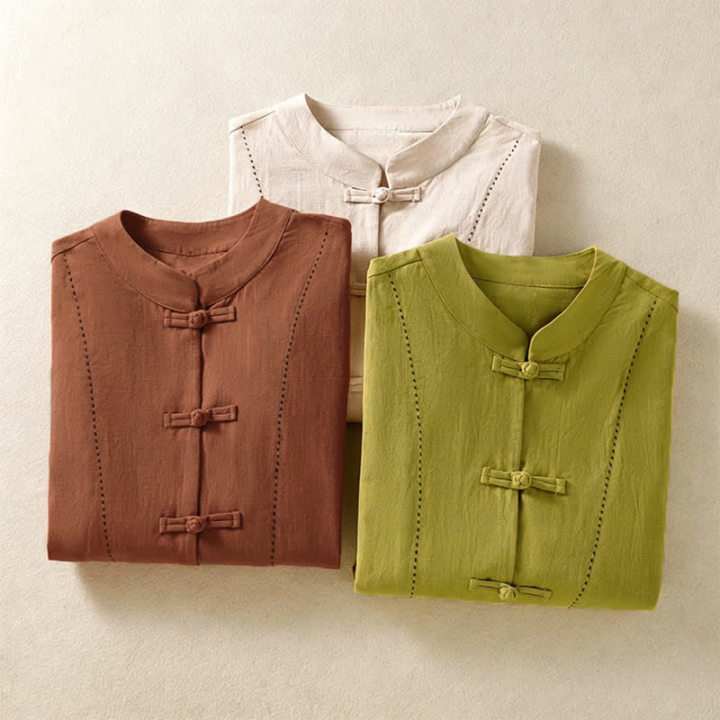 Nimara Ritual Summer Tang Style Vintage Mandarin Collar Frog Button Solid Women's Short Sleeve Shirts With Pockets