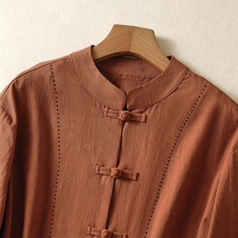 Nimara Ritual Summer Tang Style Vintage Mandarin Collar Frog Button Solid Women's Short Sleeve Shirts With Pockets