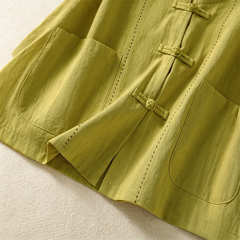 Nimara Ritual Summer Tang Style Vintage Mandarin Collar Frog Button Solid Women's Short Sleeve Shirts With Pockets